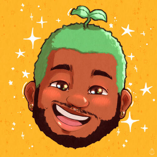 Illustration of a black person with green hair, and a sappling sprouting out of the top. The person has warm brown skin, a dark beard and a septum piercing. The background is yellow and covered in white abstract stars.